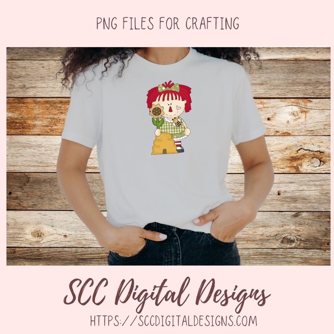 Annie Clipart for Stickers for Women,  Sunflowers, Black Bird PNGs for T-Shirts and Mugs for Mom, Digital Download Primitive Doll Clip Art