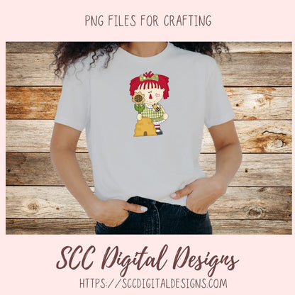 Annie Clipart for Stickers for Women,  Sunflowers, Black Bird PNGs for T-Shirts and Mugs for Mom, Digital Download Primitive Doll Clip Art