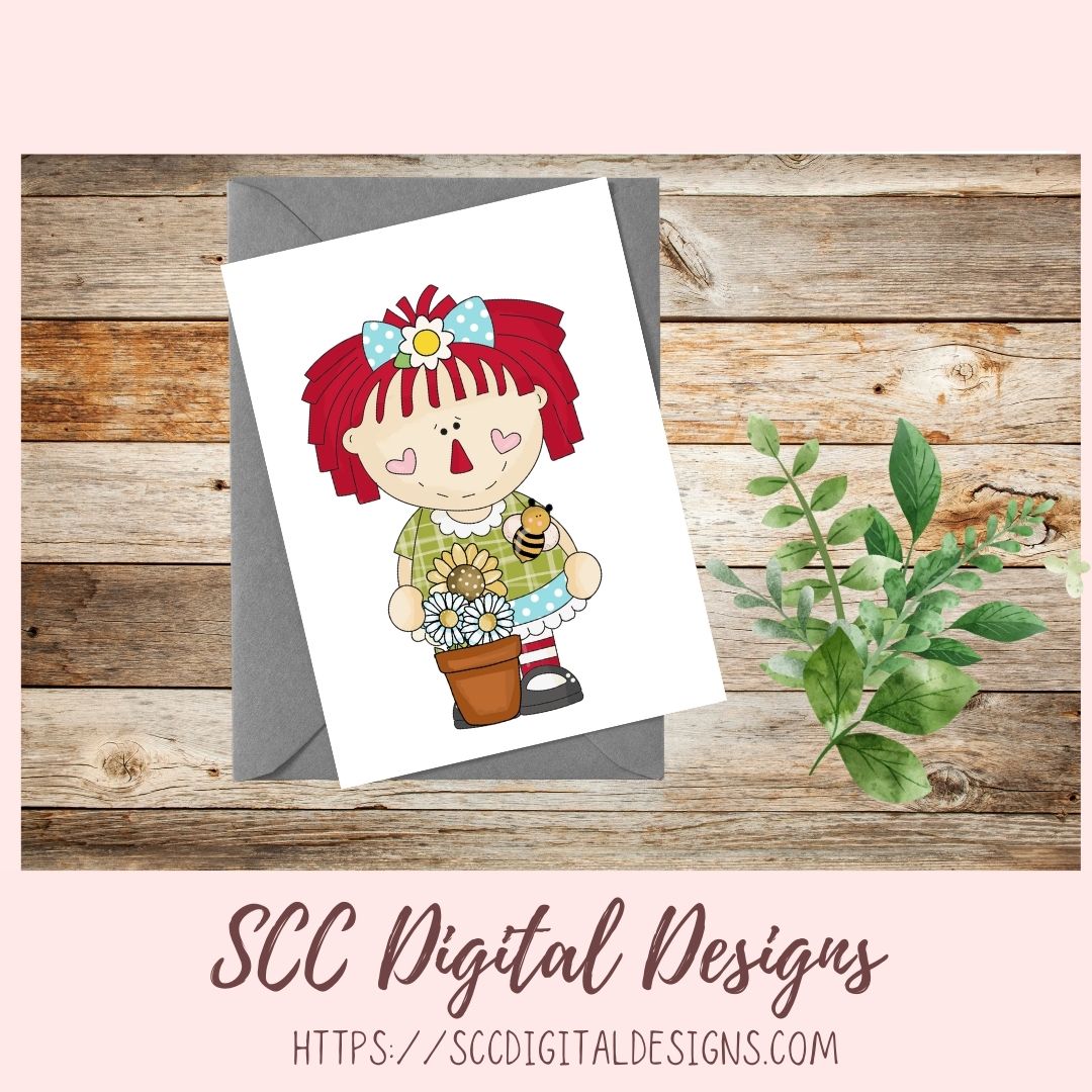 Annie Clipart for Stickers for Women,  Sunflowers, Black Bird PNGs for T-Shirts and Mugs for Mom, Digital Download Primitive Doll Clip Art