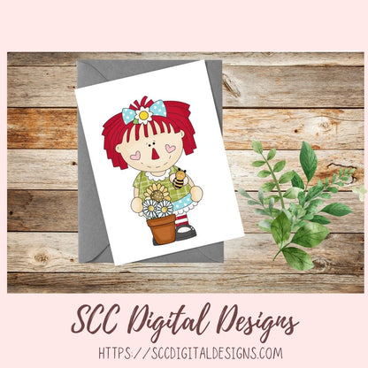 Annie Clipart for Stickers for Women,  Sunflowers, Black Bird PNGs for T-Shirts and Mugs for Mom, Digital Download Primitive Doll Clip Art