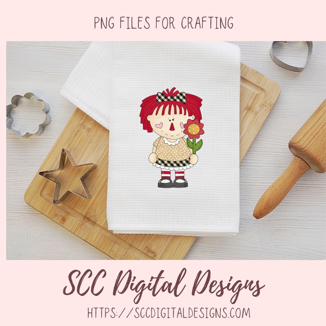 Annie Clipart for Stickers for Women,  Sunflowers, Black Bird PNGs for T-Shirts and Mugs for Mom, Digital Download Primitive Doll Clip Art