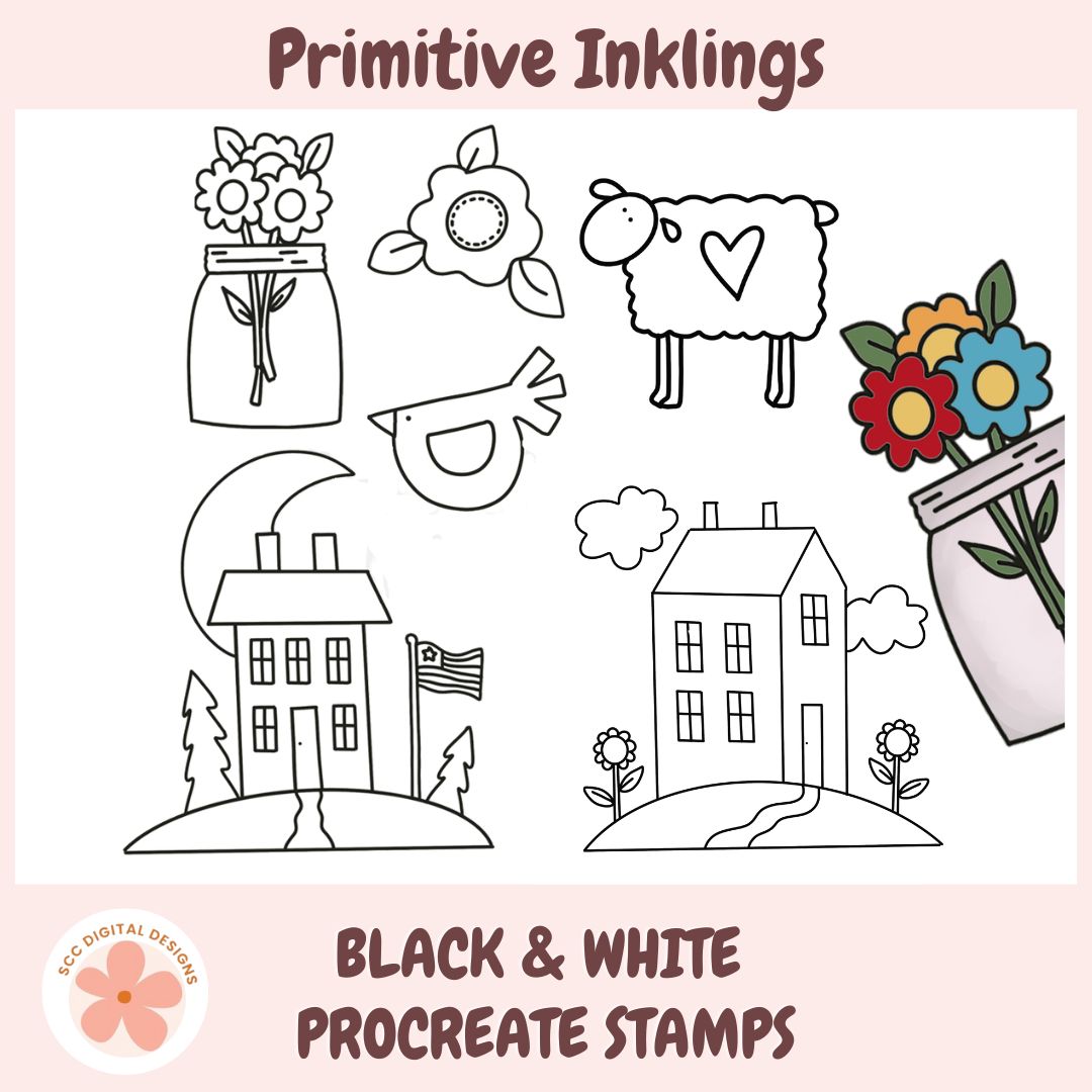Set of black and white Procreate stamps featuring flowers, houses, and animals on a pink background with 'Primitive Inklings' branding.