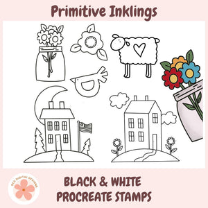 Set of black and white Procreate stamps featuring flowers, houses, and animals on a pink background with 'Primitive Inklings' branding.