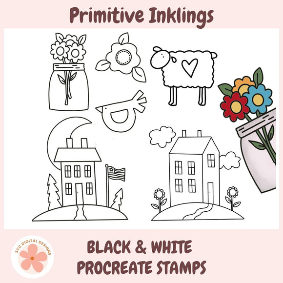 Set of black and white Procreate stamps featuring flowers, houses, and animals on a pink background with 'Primitive Inklings' branding.