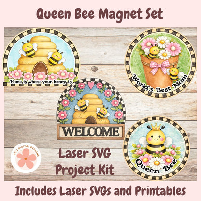 Queen Bee Magnet Set SVG Project Kit, Printable Artwork Included, Set of 4 Magnet Designs, Laser Cut SVG for Glowforge & Laser Cutter