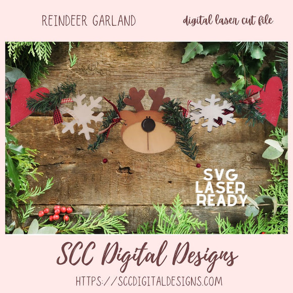 Reindeer Garland SVG, Layered Reindeer, Snowflakes and Hearts Christmas Farmhouse Decor, DIY Christmas Banner Digital Laser SVG Cut Fle