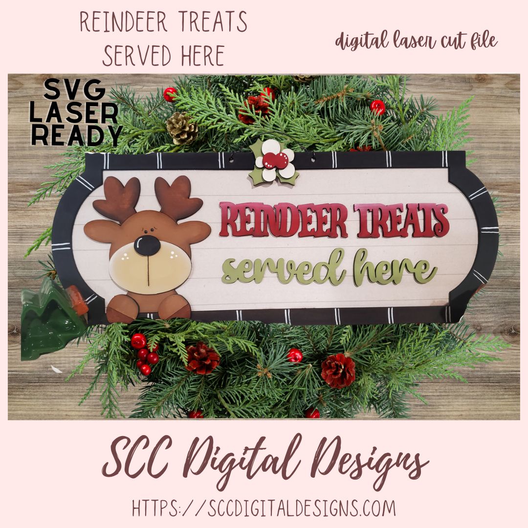 Decorative sign with reindeer design and text 'Reindeer treats served here' surrounded by Christmas decorations.