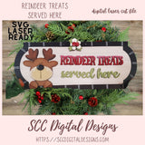 Decorative sign with reindeer design and text 'Reindeer treats served here' surrounded by Christmas decorations.