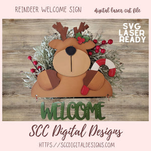 Reindeer welcome sign with wreath on a wooden background, featuring 'SCC Digital Designs' branding.