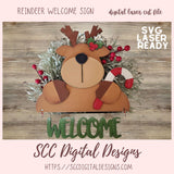 Reindeer welcome sign with wreath on a wooden background, featuring 'SCC Digital Designs' branding.