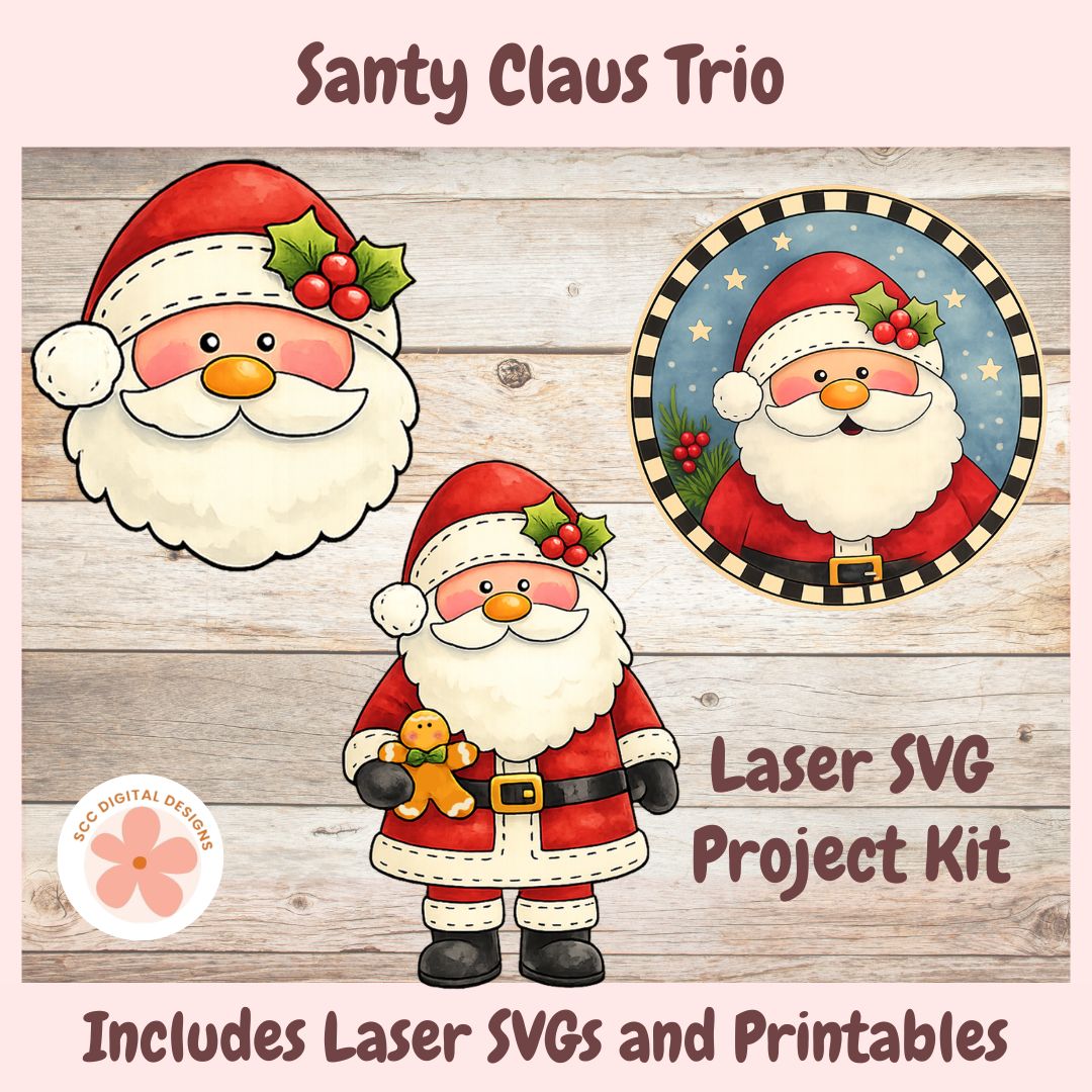 Promotional graphic for a 'Santy Claus Trio' laser SVG project kit by OC Digital Design, featuring three Christmas-themed digital cut files of Santa Claus on a light wood background.