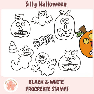 Set of Halloween-themed procreate stamps in black and white on a pink background with 'Silly Halloween' text.