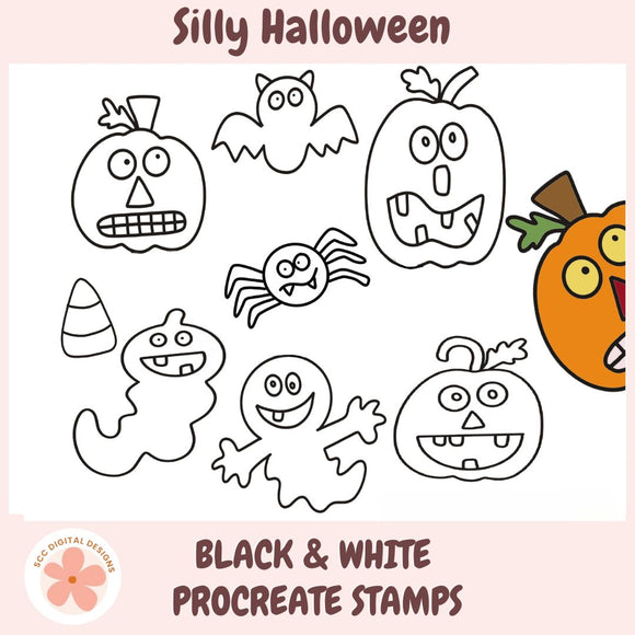 Set of Halloween-themed procreate stamps in black and white on a pink background with 'Silly Halloween' text.