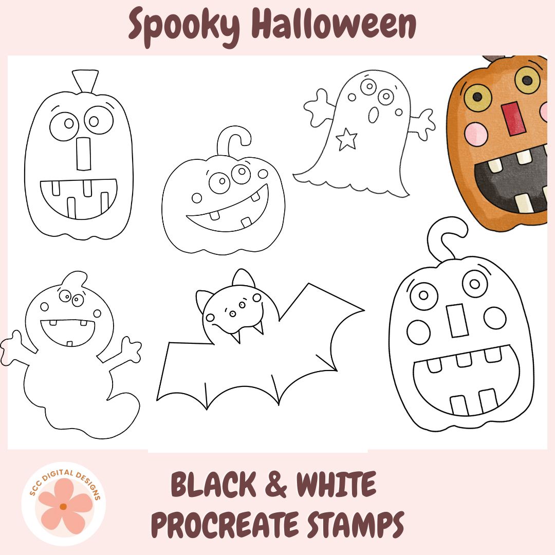 Set of Halloween-themed procreate stamps in black and white on a pink background with 'Spooky Halloween' text.