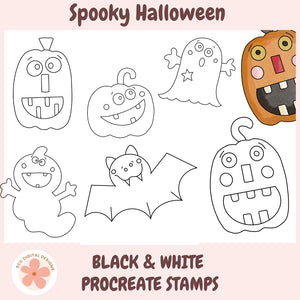 Set of Halloween-themed procreate stamps in black and white on a pink background with 'Spooky Halloween' text.