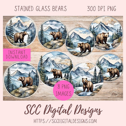 Stained Glass Brown Bear PNG Stickers 8 designs in 300 dpi png format
