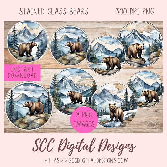 Stained Glass Brown Bear PNG Stickers 8 designs in 300 dpi png format