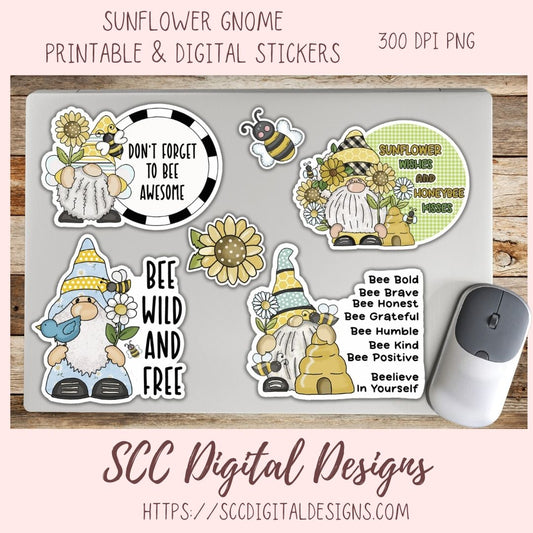Sunflower Gnome PNG, Bee Wild & Free Printable Stickers for Kids for Tumblers, Digital Stickers Goodnotes Compatible Scrapbooking Elements