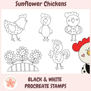 Black and white procreate stamps of sunflower chickens on a pink background with 'Sunflower Chickens' text.