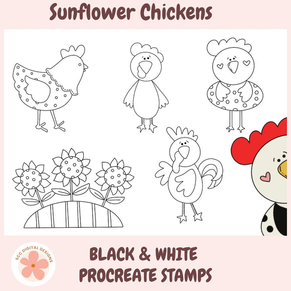 Black and white procreate stamps of sunflower chickens on a pink background with 'Sunflower Chickens' text.