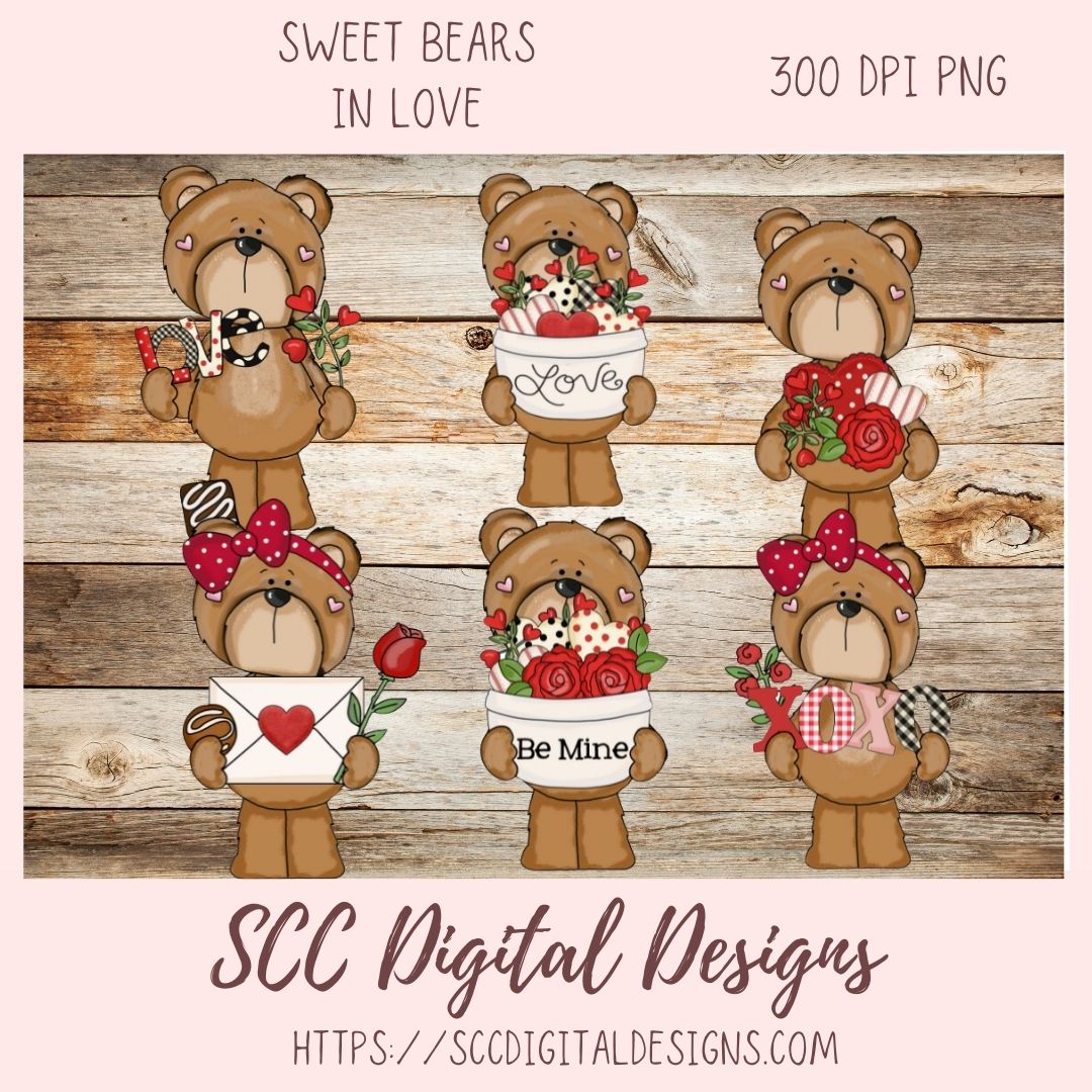 Whimsical Bears Clipart, Love Letter, Red Roses, Chocolate Candies Clip Art for Sublimation for Stickers, Cute PNG Designs for Kids Shirts