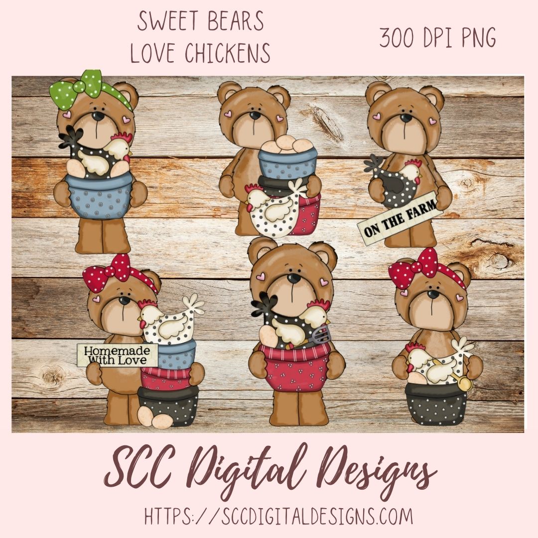 Whimsical Bears PNG for Stickers for Kids, Wall Art for Chicken Lover, Farm Animals Clipart for Sublimation T-Shirts for Women, Scrapbooking Elements