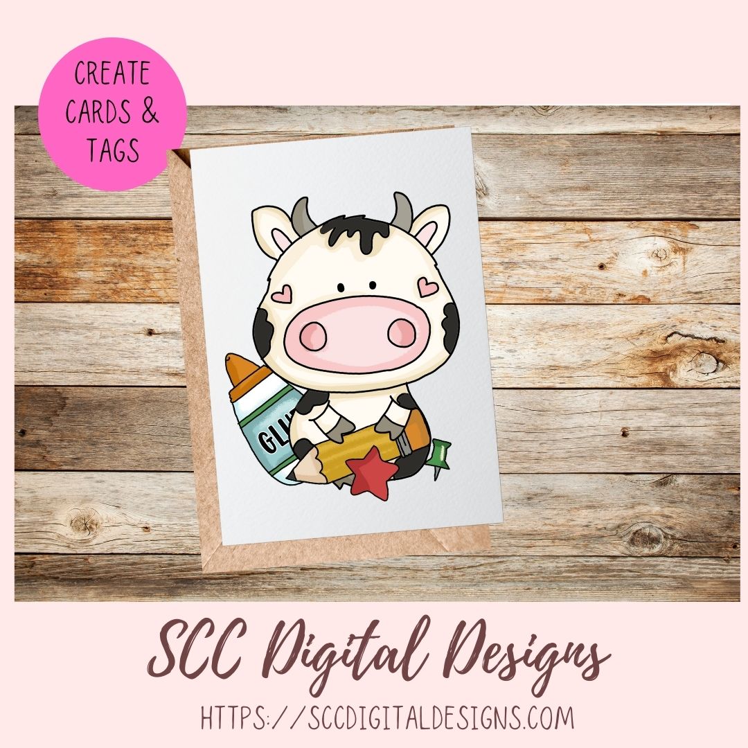 Sweet Cows School Days Clipart, Black &  White Cows, Crayons, Glue, Apple, Report Card for Stickers for Kids, Teacher Resource Clip Art and Scrapbook Elements