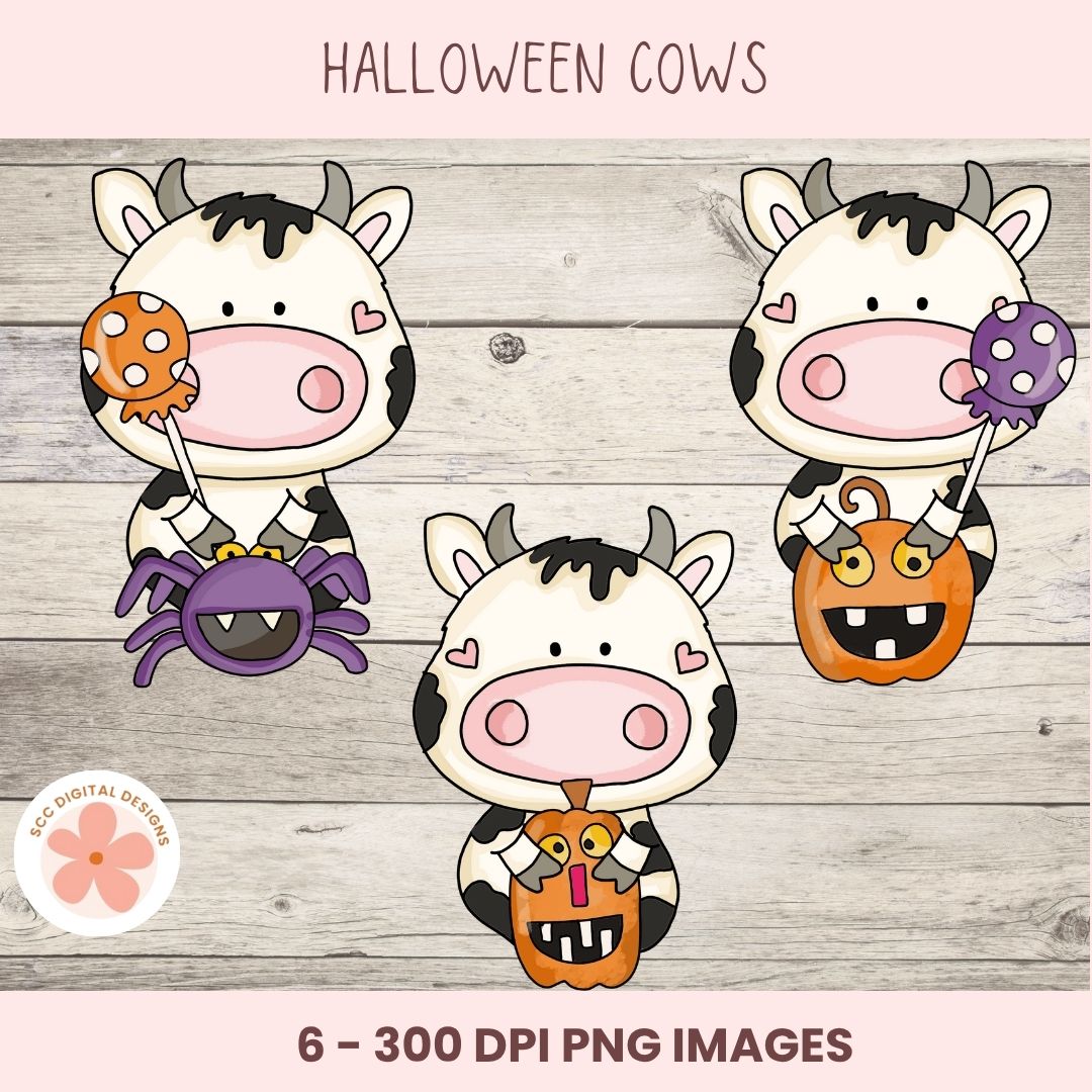 Three cartoon cows with Halloween-themed accessories on a wooden background, labeled 'Halloween Cows'.