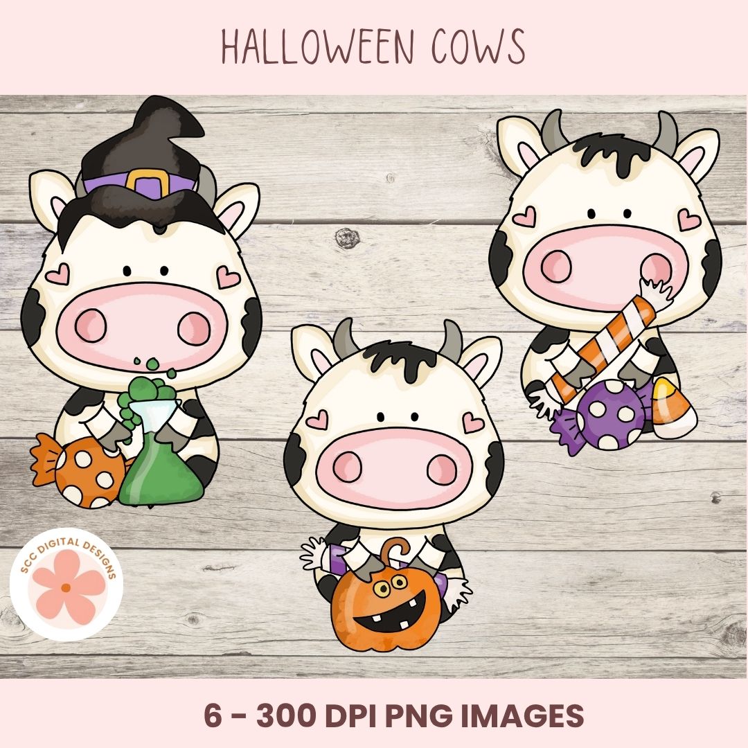 Three cartoon cows dressed in Halloween costumes on a wooden background.