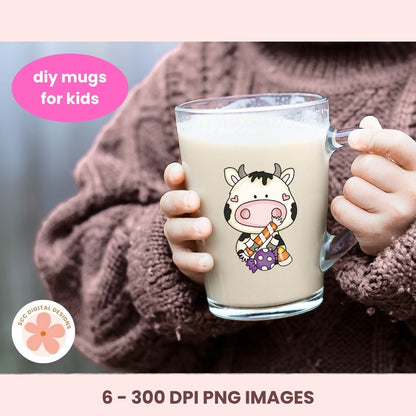 Glass mug with a cow design held by a person wearing a brown sweater, with text 'diy mugs for kids' and '6 - 300 DPI PNG IMAGES'.
