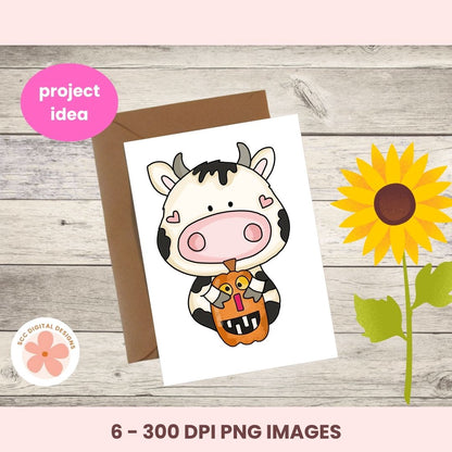 Card with cartoon cow design on a wooden surface with a sunflower.
