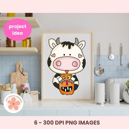 Framed cartoon cow print on a kitchen wall with 'project idea' text and digital design studio logo.