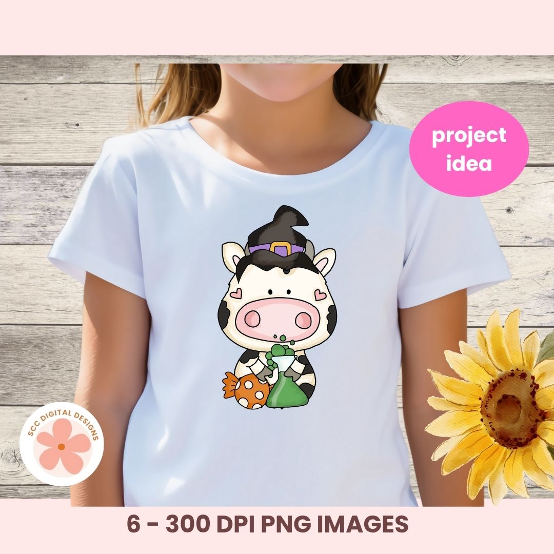 White t-shirt with a cartoon zebra wearing a witch hat and green dress on a wooden background.