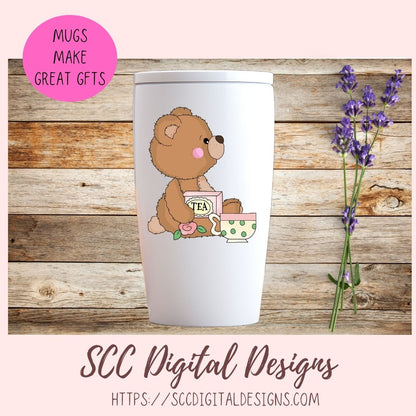 Whimsical Bear Clipart, Time for Tea PNG Designs for Stickers & Printables, Teapots Tea Cups Wordart for Sublimation Tumblers, Digital Scrapbooking & Paper Crafting