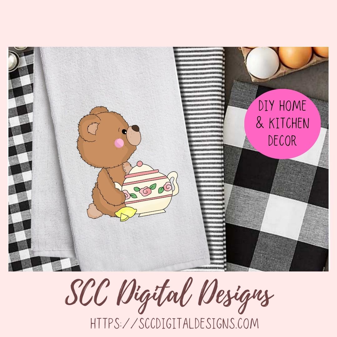 Whimsical Bear Clipart, Time for Tea PNG Designs for Stickers & Printables, Teapots Tea Cups Wordart for Sublimation Tumblers, Digital Scrapbooking & Paper Crafting