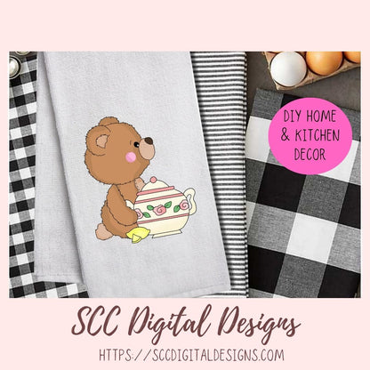 Whimsical Bear Clipart, Time for Tea PNG Designs for Stickers & Printables, Teapots Tea Cups Wordart for Sublimation Tumblers, Digital Scrapbooking & Paper Crafting