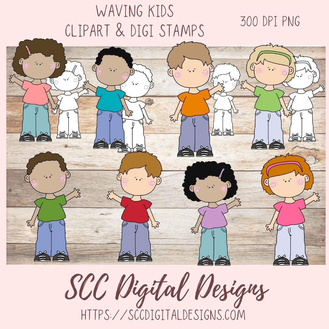 Kids Clipart, Diverse Boys & Girls PNG, Waving Children Digi Stamps, DIY Coloring Pages for Preschoool or Homeschool Activities
