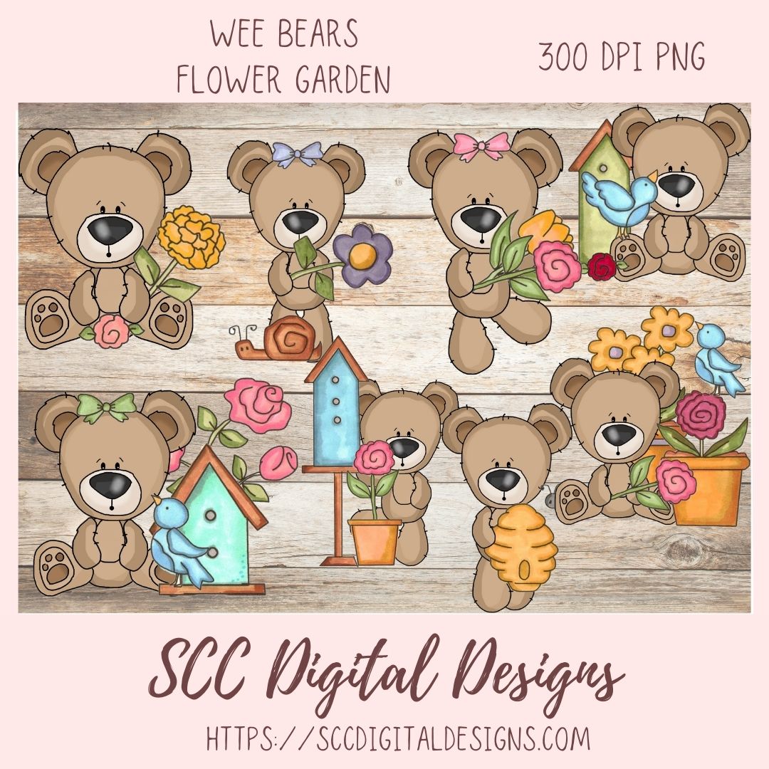 Whimsical Bears and Spring Flower Garden Clipart Bundle 8 - 300 dpi png images