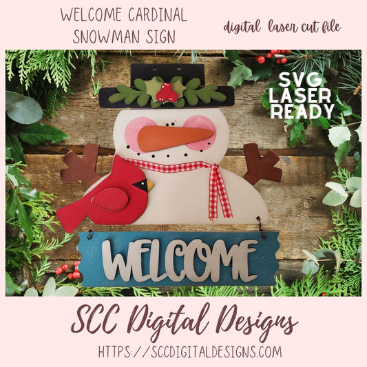 Snowman Welcome SVG Cut Design, 3D Layered Design for Laser Cutters, Winter Door Hanger Cardinal Snowman, DIY Christmas Wood Crafting Pattern