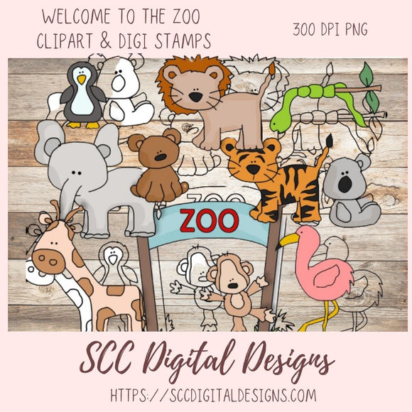 Zoo Animals PNG, Safari Digi Stamps for Kid's Coloring Pages, Lion Tiger Bear Clip Art for Digital Scrapbooking, Whimsical Wildlife Wall Art