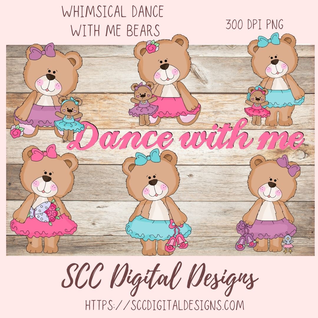 Cute Bear Clipart for Sublimation Sticker Designs, Whimsical Ballerina PNG Files for Girls, Dance With Me Wordart for Digital Scrapbooking