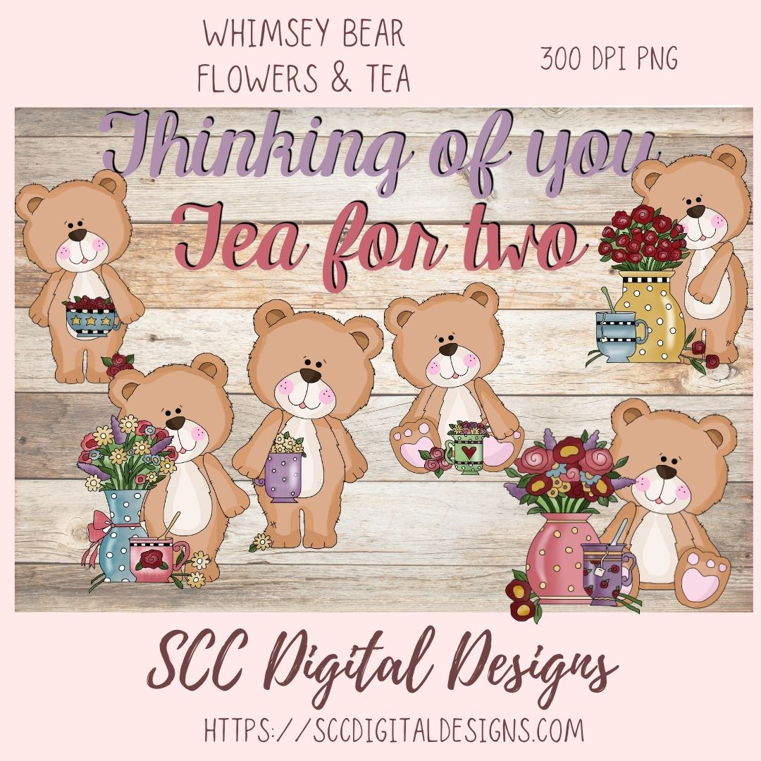 Cute Bear Clipart for Sublimation Sticker Designs, Whimsical Flowers & Tea Cups PNG Files for Girls, Instant Download Wordart for Scrapbooking & Paper Crafting