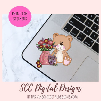 Cute Bear Clipart for Sublimation Sticker Designs, Whimsical Flowers & Tea Cups PNG Files for Girls, Instant Download Wordart for Scrapbooking & Paper Crafting