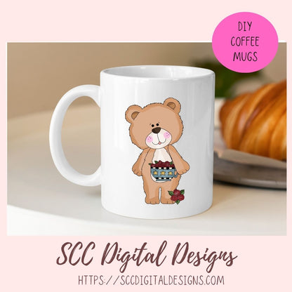Cute Bear Clipart for Sublimation Sticker Designs, Whimsical Flowers & Tea Cups PNG Files for Girls, Instant Download Wordart for Scrapbooking & Paper Crafting