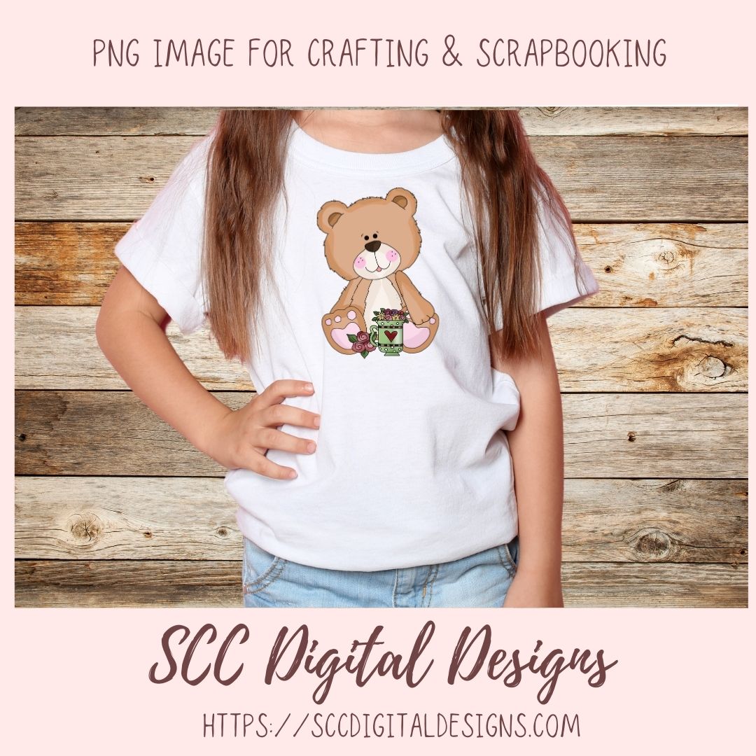 Cute Bear Clipart for Sublimation Sticker Designs, Whimsical Flowers & Tea Cups PNG Files for Girls, Instant Download Wordart for Scrapbooking & Paper Crafting