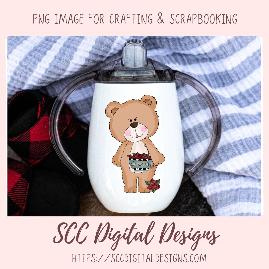 Cute Bear Clipart for Sublimation Sticker Designs, Whimsical Flowers & Tea Cups PNG Files for Girls, Instant Download Wordart for Scrapbooking & Paper Crafting