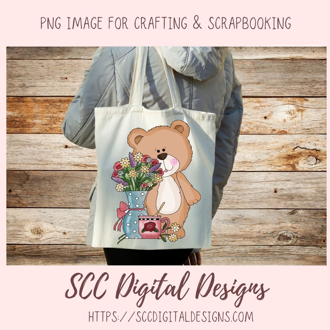 Cute Bear Clipart for Sublimation Sticker Designs, Whimsical Flowers & Tea Cups PNG Files for Girls, Instant Download Wordart for Scrapbooking & Paper Crafting