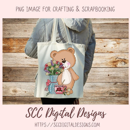 Cute Bear Clipart for Sublimation Sticker Designs, Whimsical Flowers & Tea Cups PNG Files for Girls, Instant Download Wordart for Scrapbooking & Paper Crafting
