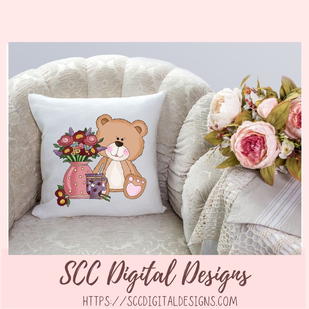 Cute Bear Clipart for Sublimation Sticker Designs, Whimsical Flowers & Tea Cups PNG Files for Girls, Instant Download Wordart for Scrapbooking & Paper Crafting
