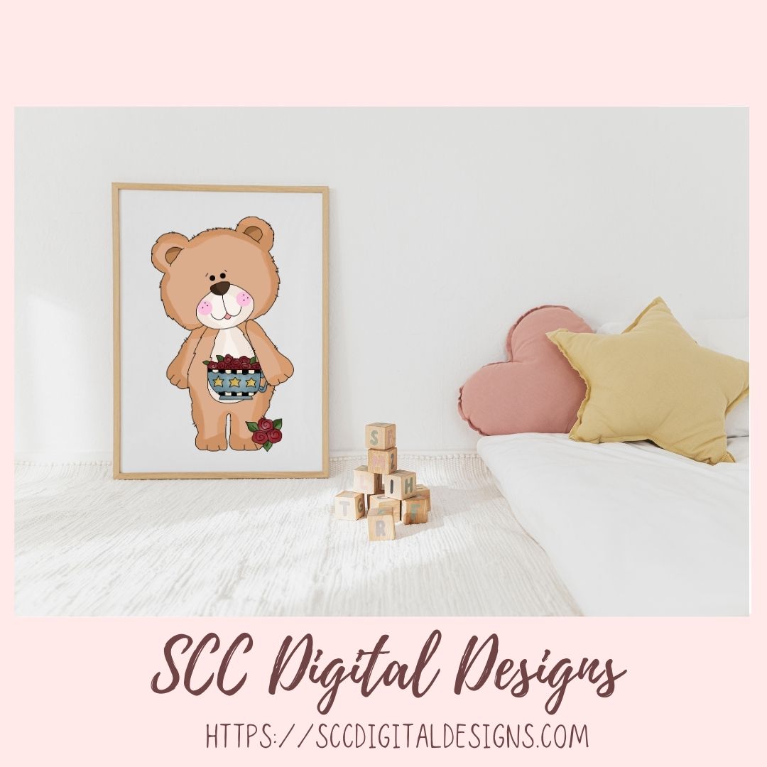 Cute Bear Clipart for Sublimation Sticker Designs, Whimsical Flowers & Tea Cups PNG Files for Girls, Instant Download Wordart for Scrapbooking & Paper Crafting